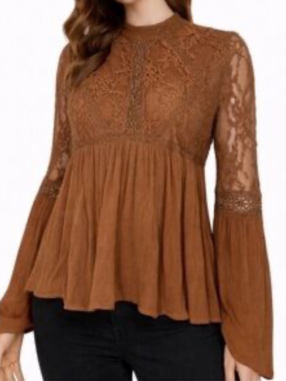AMERICAN EAGLE Boho Lace Bell Sleeve Top – Chocolate Brown | Small 🤎